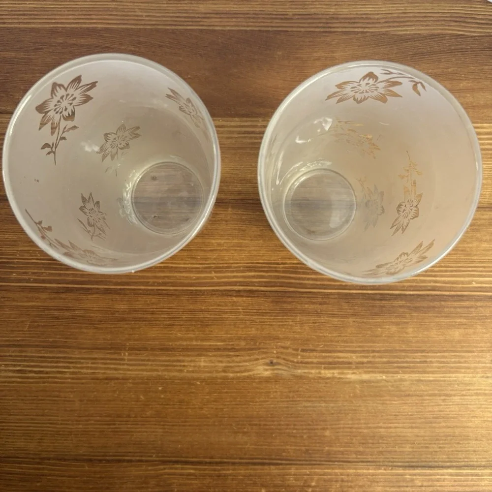 Set of 2 Frosted Floral Drinking Glasses Etched Flower Tumblers Vintage Style